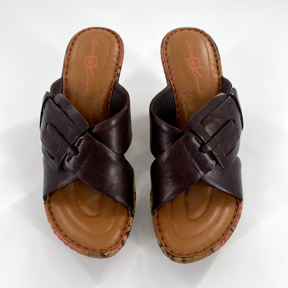Born Crown Cross Strap Floral Cork Heel Sandals Sz 38/7.5 Brown Leather Buckle - Picture 8 of 10